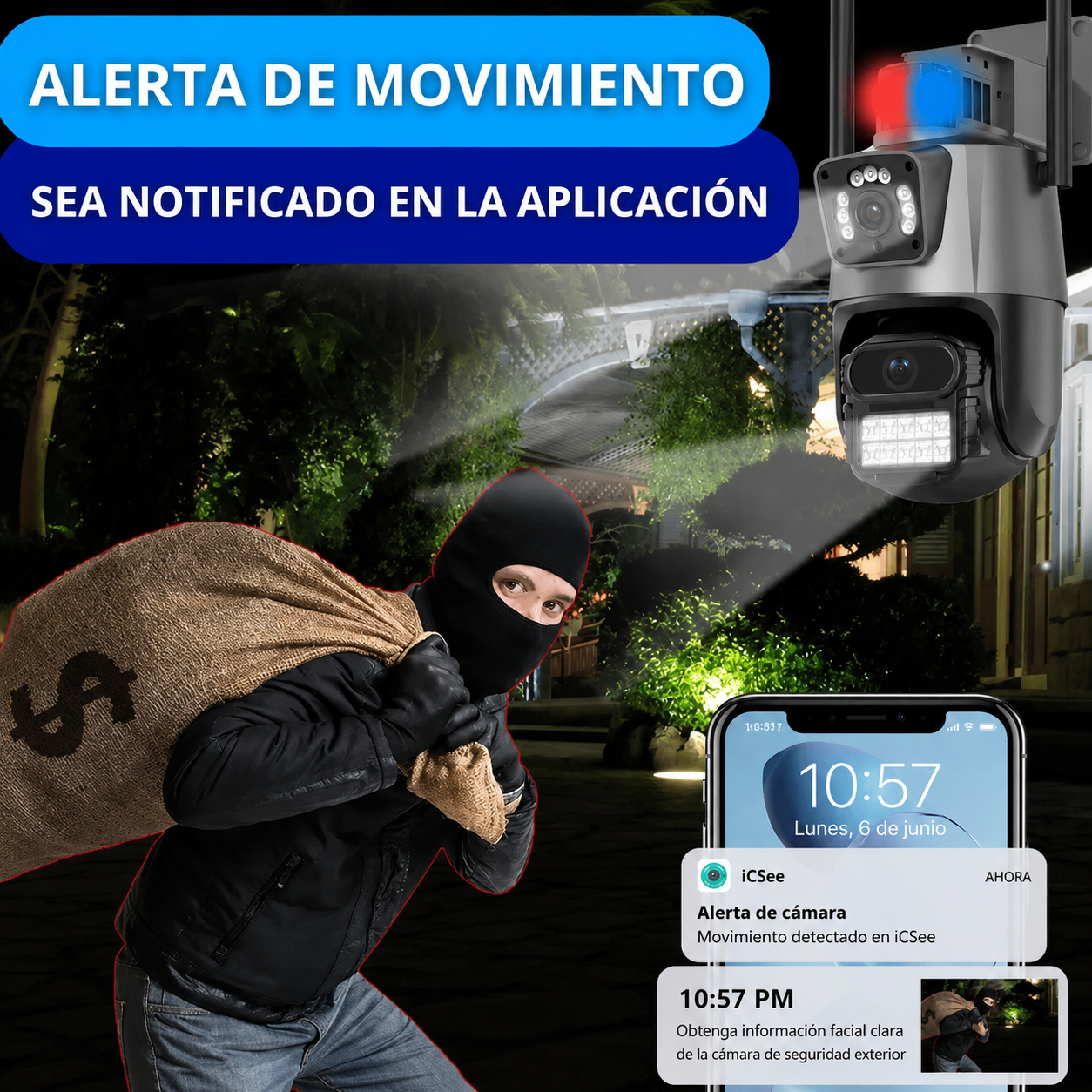 Detección Inteligente y Alertas Sonoras - CAMARA IP ALARMA DOBLE LENTE CON APP PARA TELÉFONO