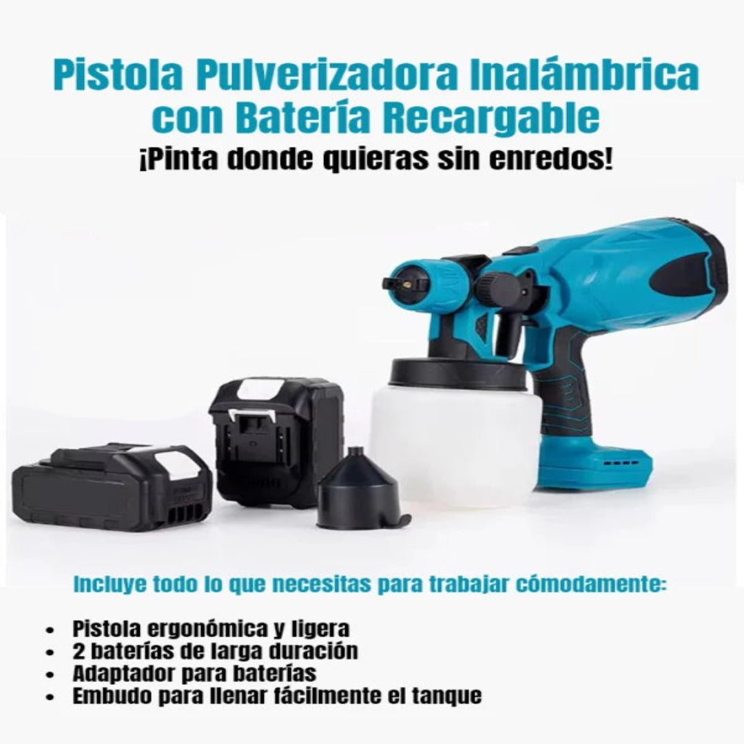 Pistola De Pintura Inalambrica - LA ÚNICA CON AUTONOMÍA DE 1 HORA - LLÉVATE 2 BATERIA RECARGABLE DE REGALO!